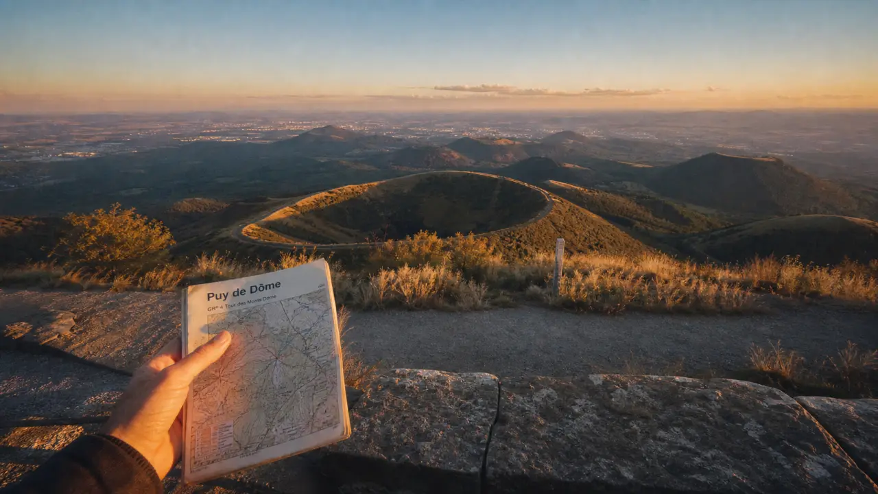A voir en Auvergne Puy de Dôme : vue du cratère au golden hour