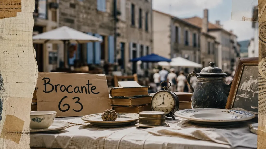 Brocante 63 : table de brocante avec objets anciens et nappe froissée