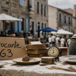 Brocante 63 : table de brocante avec objets anciens et nappe froissée