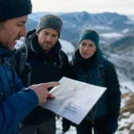 Bureau montagne Auvergne Sancy Volcans : carte et randonneurs en raquettes ou crêtes
