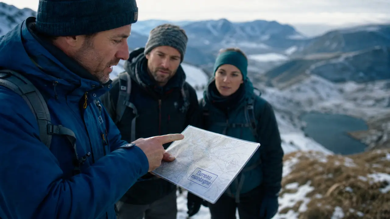 Bureau montagne Auvergne Sancy Volcans : carte et randonneurs en raquettes ou crêtes