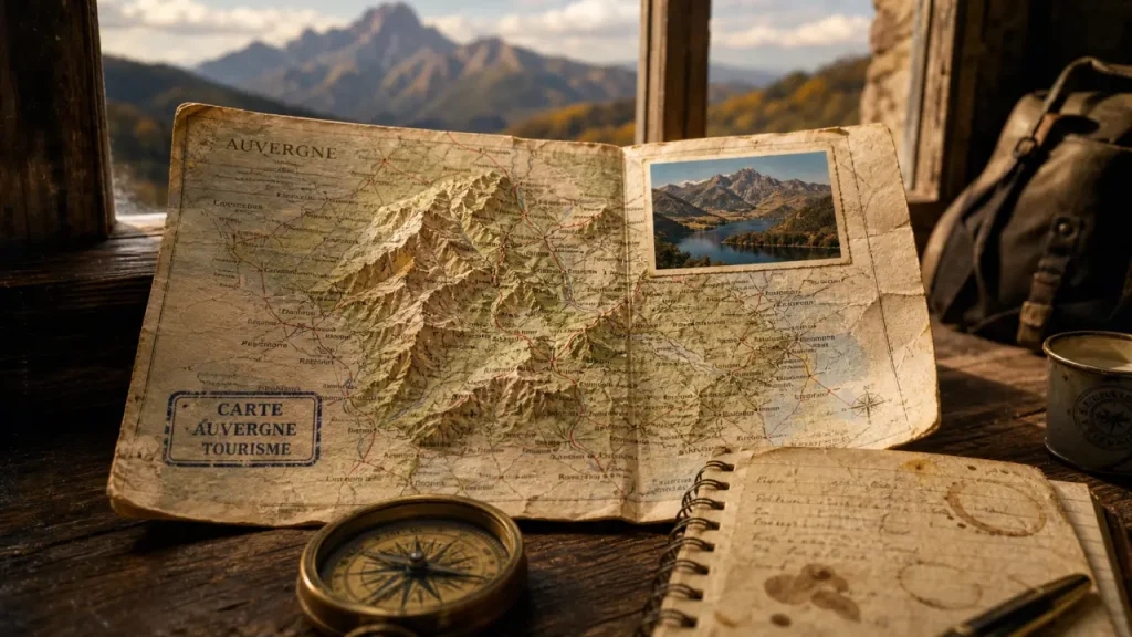 carte auvergne tourisme sur table, préparation d’itinéraire en Auvergne