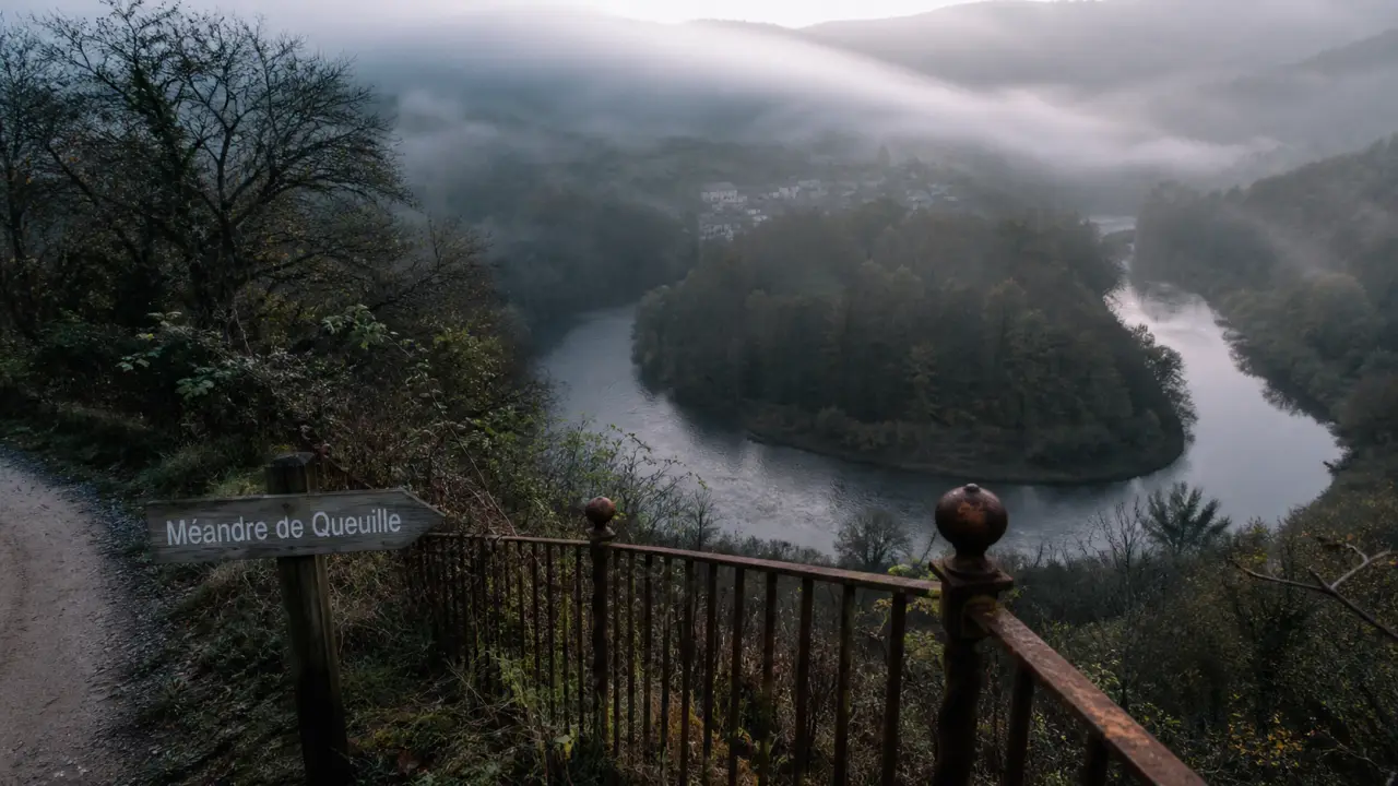 Combrailles Auvergne tourisme : méandre de la Sioule, village en brume