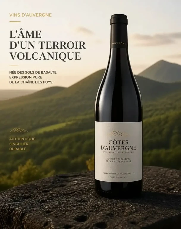 Bouteille de vin d'Auvergne dans le paysage volcanique de la Chaîne des Puys