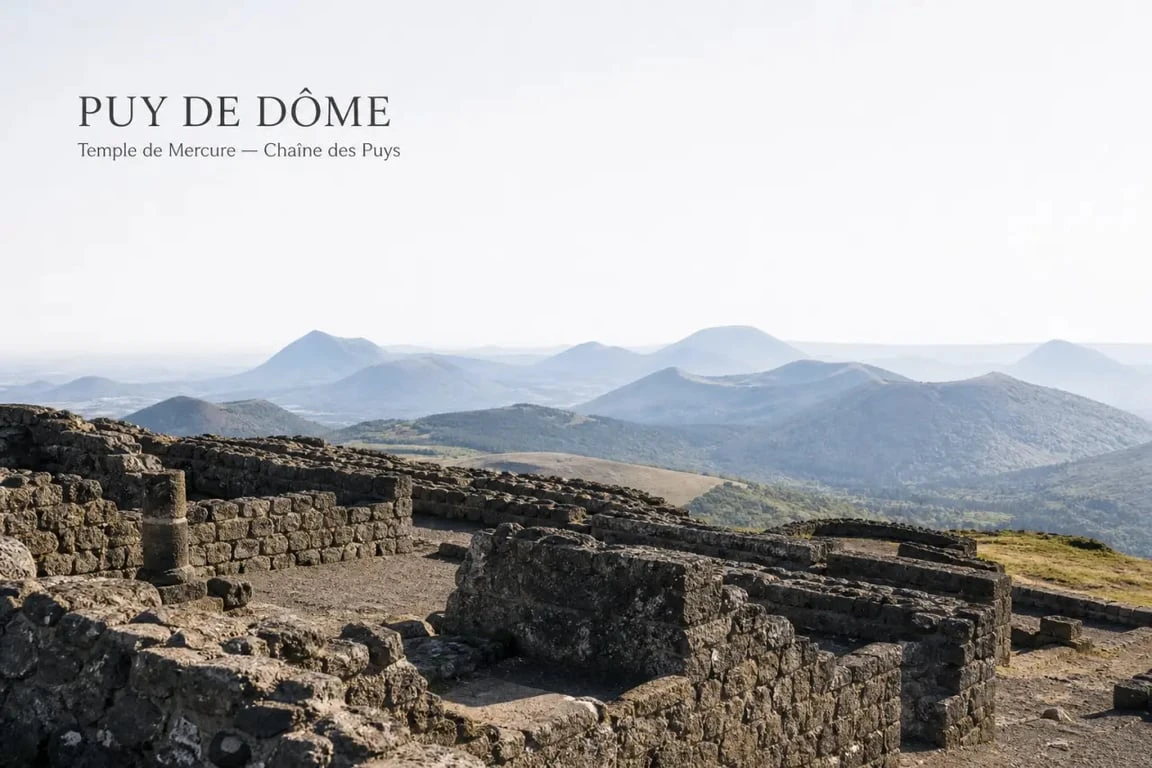 Visiter puy de dome : panorama depuis le sommet avec les vestiges du temple de Mercure