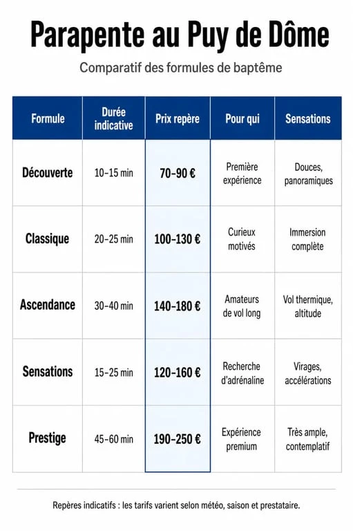 Comparatif des formules de parapente auvergne puy de dome avec prix et durées