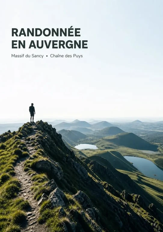 Rando auvergne sur une crête volcanique du Sancy avec vue sur les volcans et les lacs d'altitude