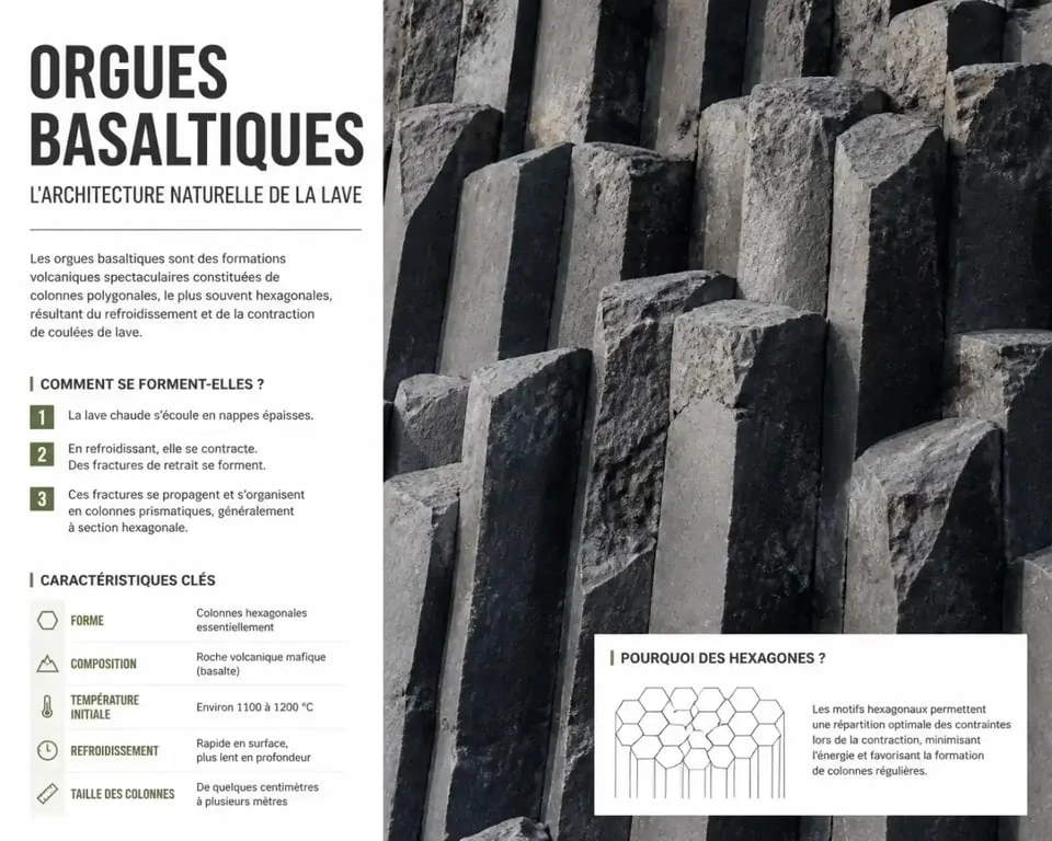 Orgues basaltiques, formation géologique unique visible près des cascades en Auvergne.