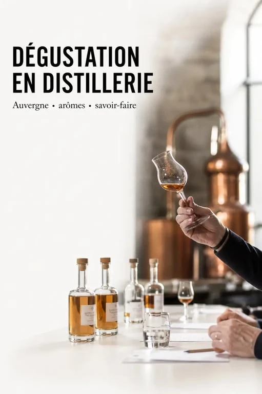 Dégustation à la Distillerie des volcans d’Auvergne avec bouteilles et verres