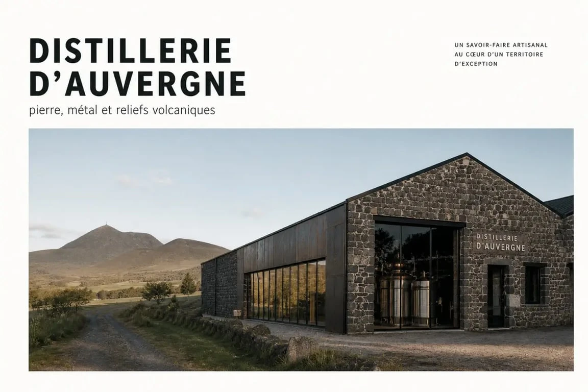 Distillerie des volcans d’Auvergne dans un paysage volcanique auvergnat