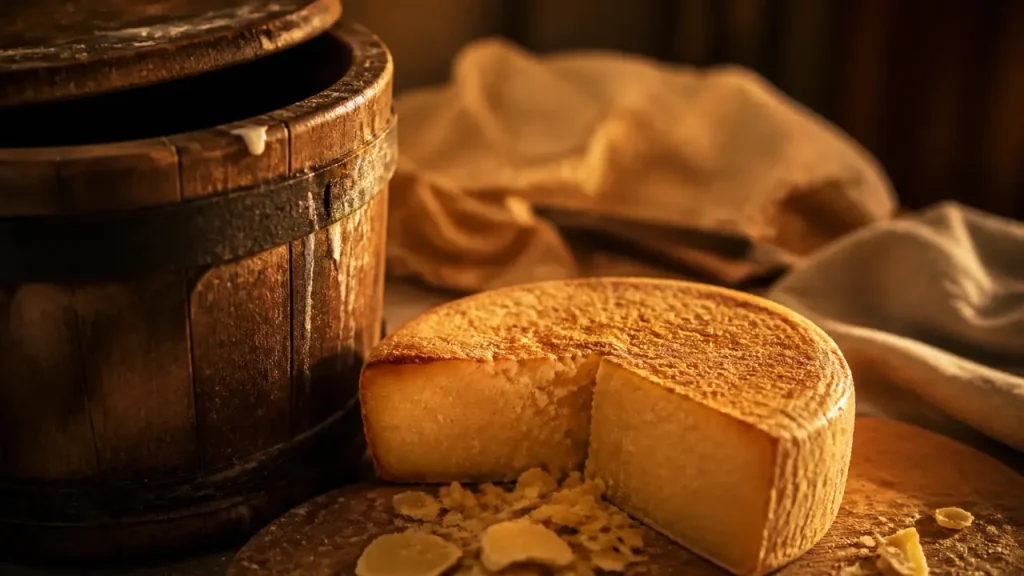 Fromage salers : meule dorée en fromagerie