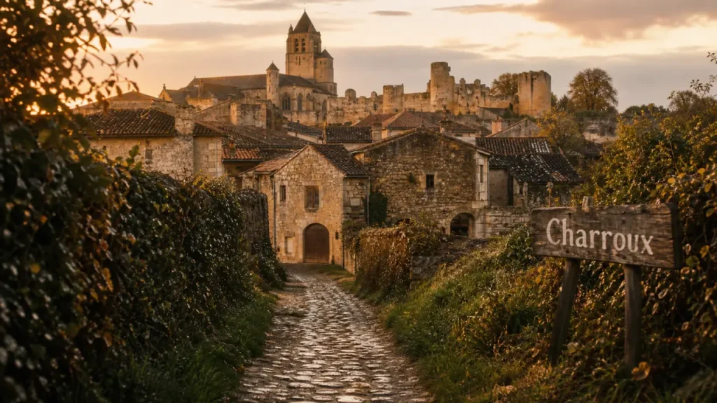 Charroux, un des plus beaux villages de l'allier, ruelles et église au golden hour