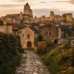 Charroux, un des plus beaux villages de l'allier, ruelles et église au golden hour