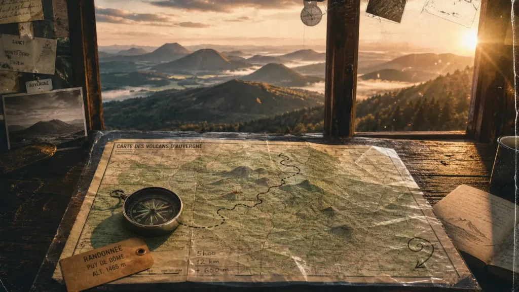 Carte des les volcans d auvergne et itinéraires en Auvergne