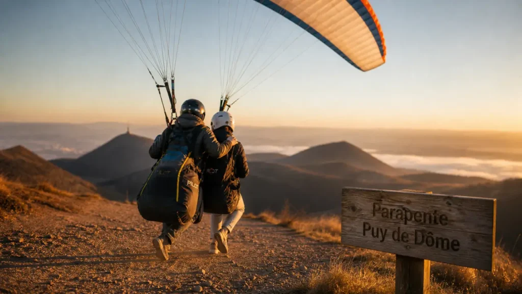 Parapente auvergne puy de dome : harnais biplace prêt au vol