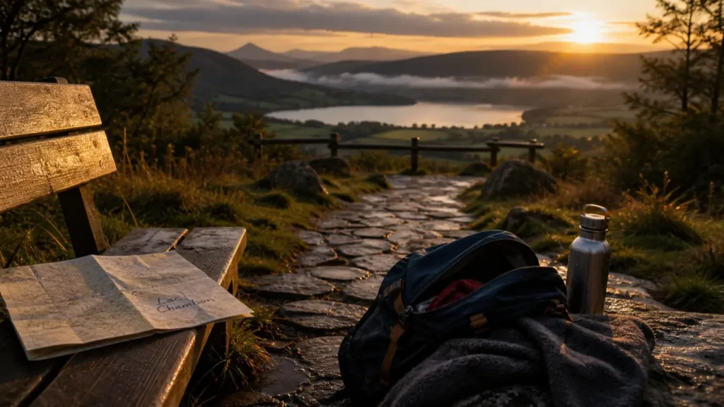 Que faire en Auvergne : sentier vers le belvédère du lac Chambon, au coucher du soleil