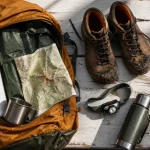 Randonnée auvergne : sac, tente, carte et gourde sur table
