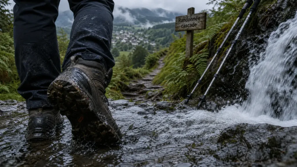 Randonnée cascade la tour d auvergne : sentier près de la cascade, eau vive et chaussures