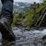 Randonnée cascade la tour d auvergne : sentier près de la cascade, eau vive et chaussures