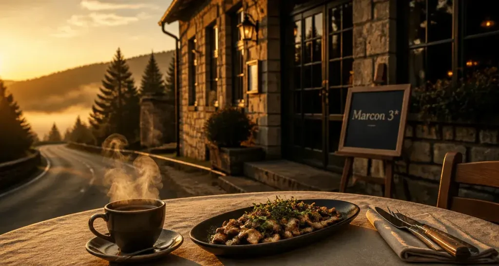 Restaurant étoilé haute loire : Saint-Bonnet-le-Froid, champignons rôtis sur une grande table