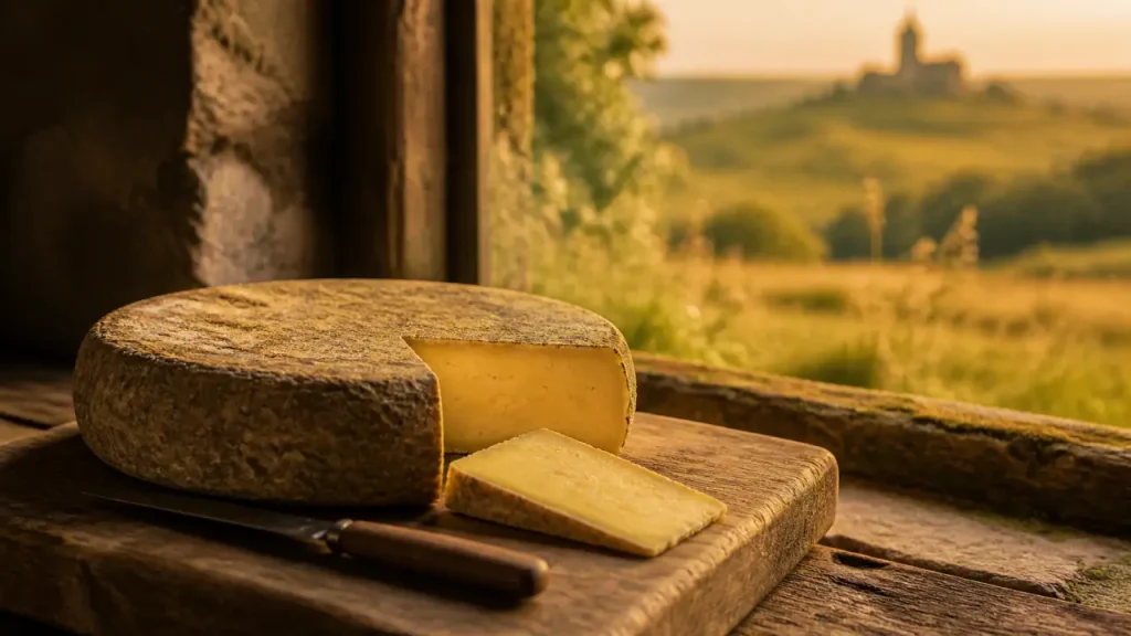 Saint nectaire AOP du Sancy, fromage sur plateau rustique, village roman