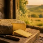 Saint nectaire AOP du Sancy, fromage sur plateau rustique, village roman