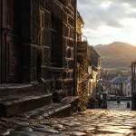 Salers village : ruelles pavées de lave, maisons en pierre volcanique