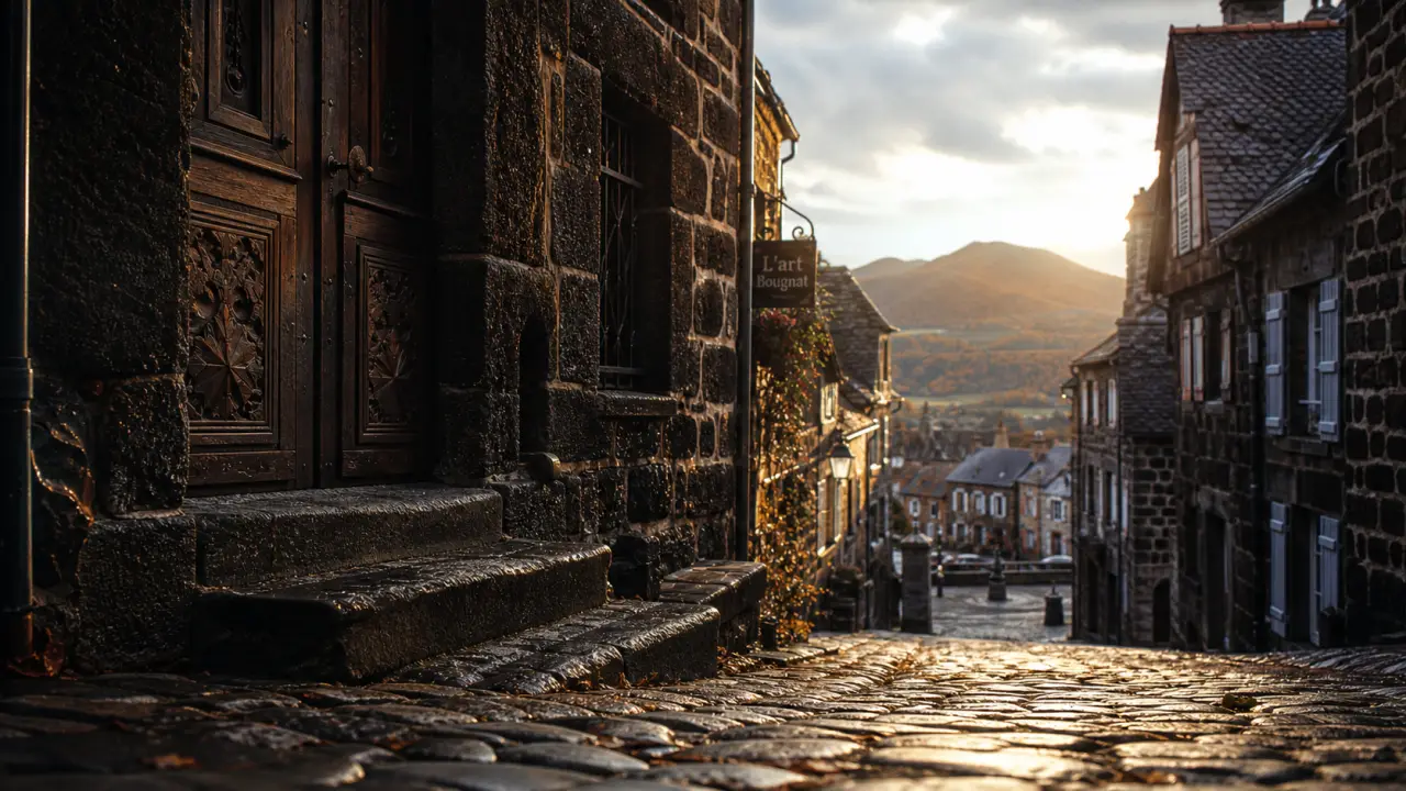Salers village : ruelles pavées de lave, maisons en pierre volcanique