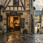 Tourisme ambert auvergne : rue du centre ancien, papier artisanal et façades en pierre