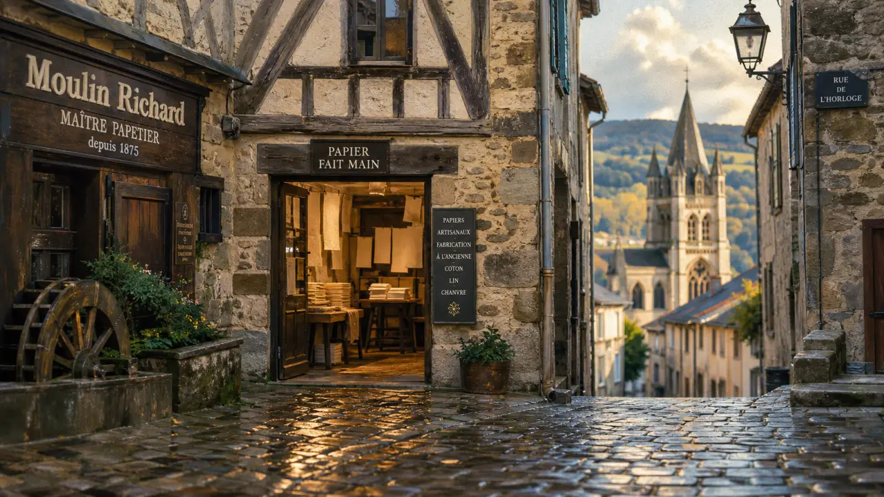 Tourisme ambert auvergne : rue du centre ancien, papier artisanal et façades en pierre