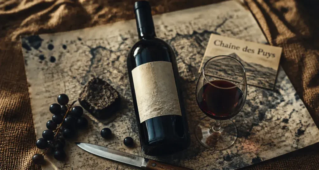 vin d auvergne sur pierre basaltique et carte Chaîne des Puys