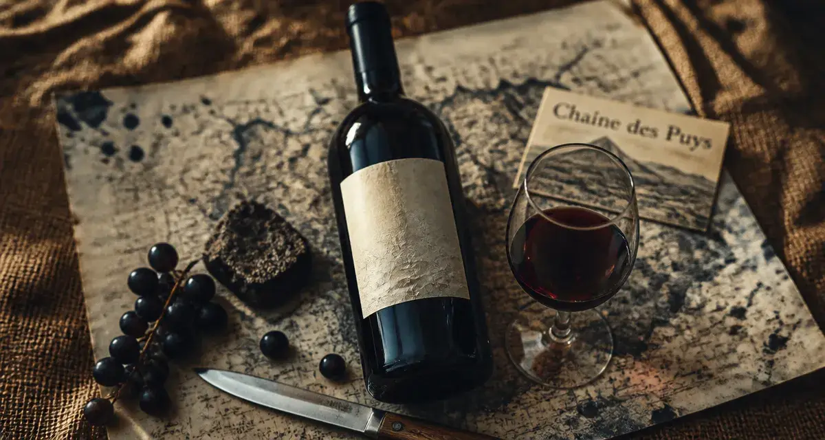 vin d auvergne sur pierre basaltique et carte Chaîne des Puys
