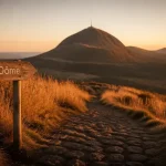 Visiter puy de dome : vue au coucher du soleil depuis un sentier volcanique près d’Orcines