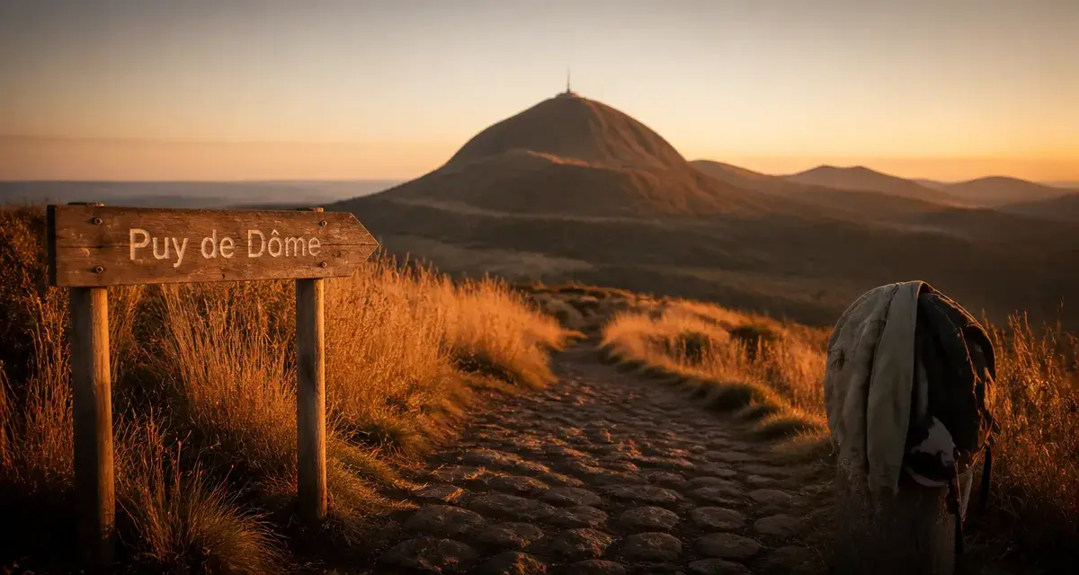 Visiter puy de dome : vue au coucher du soleil depuis un sentier volcanique près d’Orcines