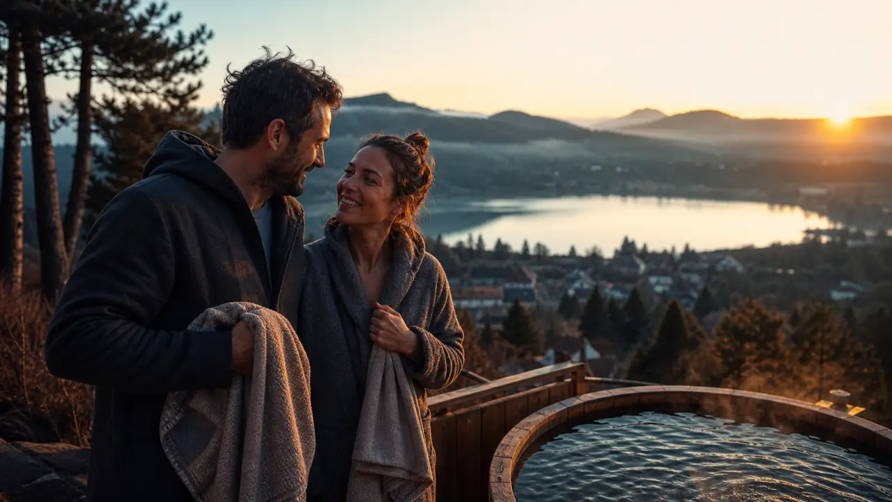 Week end auvergne : couple en bain nordique près du lac Chambon à Murol