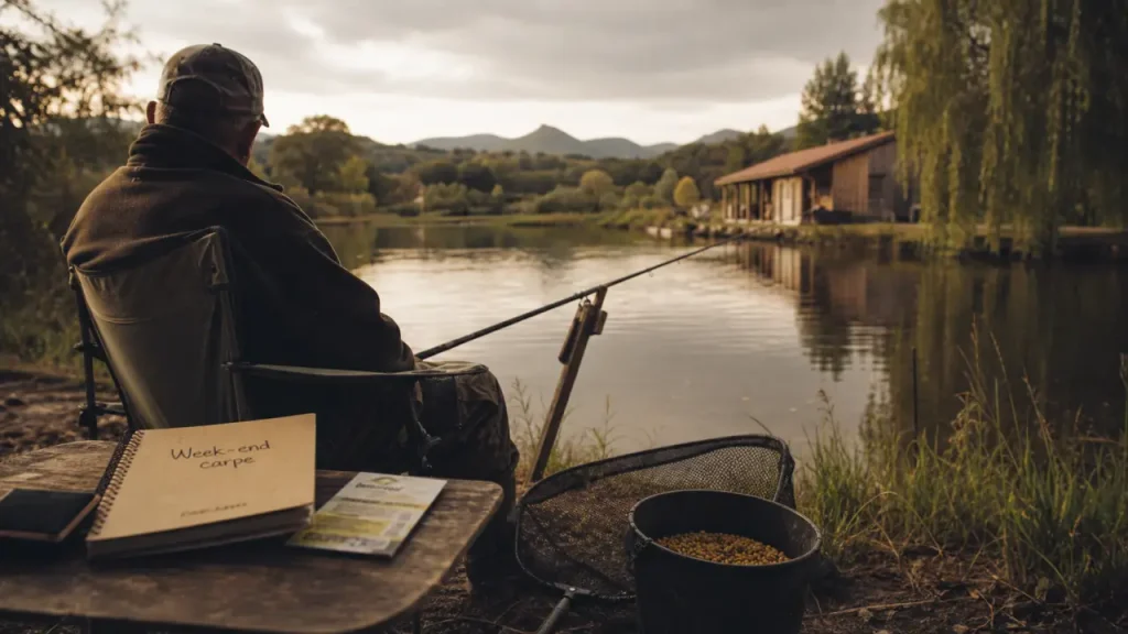 Week end pêche auvergne : pêcheur près d’un étang, carpe en vue