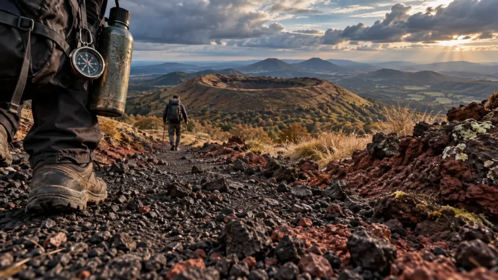 Sentier dans l’activité volcans d auvergne vers un cratère, randonnée