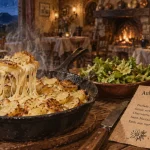 Auberge auvergne puy de dome, table de truffade et décor volcan