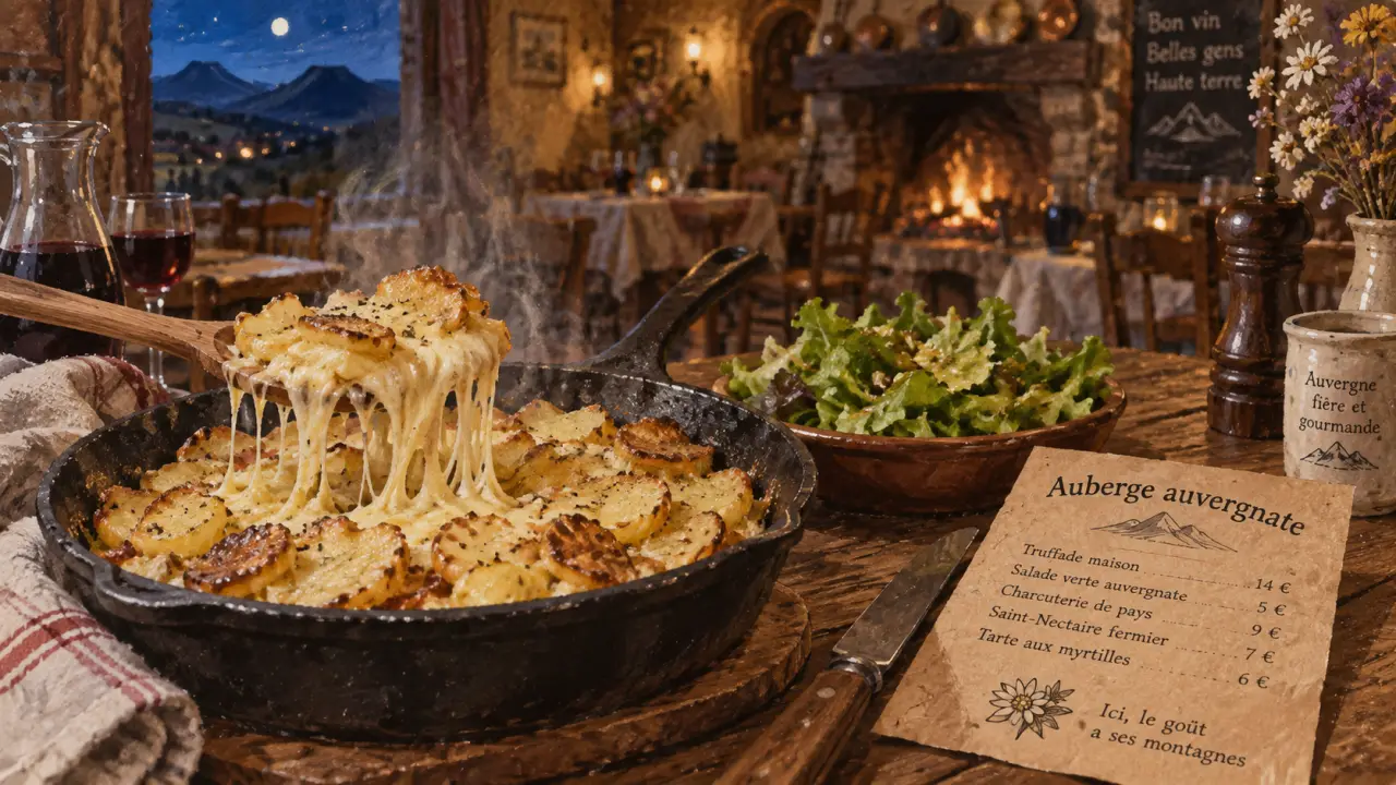 Auberge auvergne puy de dome, table de truffade et décor volcan
