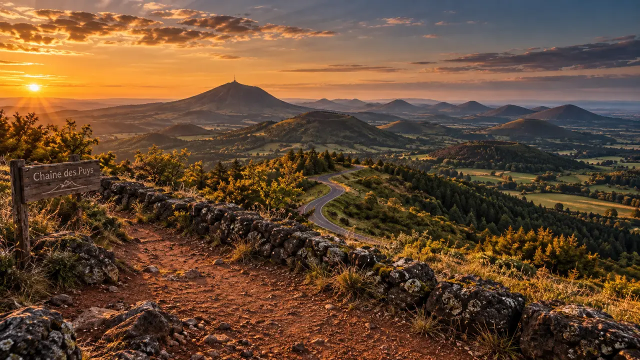Auvergne endroit a visiter : sentier et vue sur la chaîne des Puys et puy de Dôme
