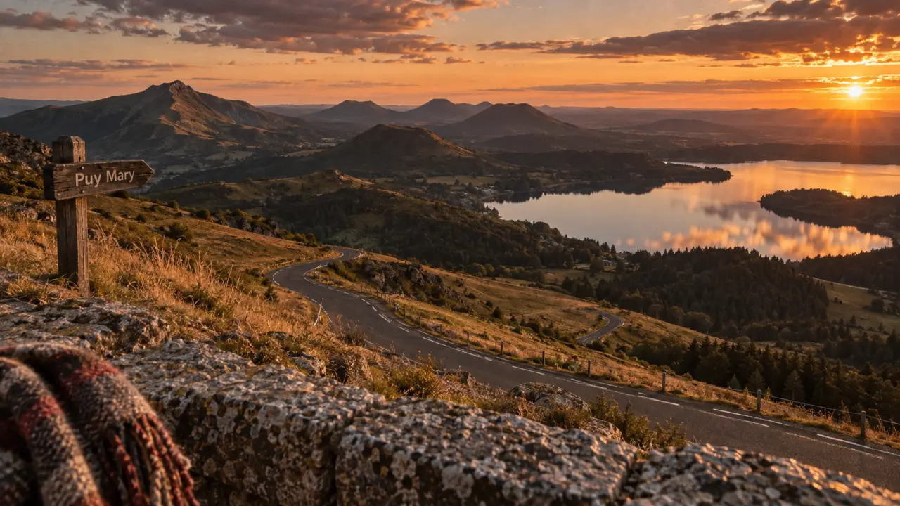 Auvergne lieu a visiter : Puy Mary et volcans au coucher du soleil, lac miroir
