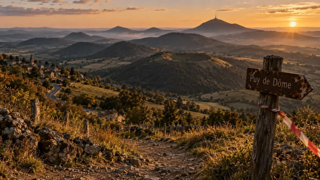 Auvergne lieux a visiter : vue Puy de Dôme, route vers le village
