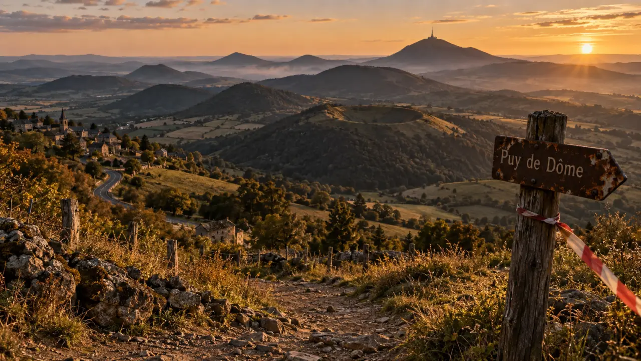 Auvergne lieux a visiter : vue Puy de Dôme, route vers le village