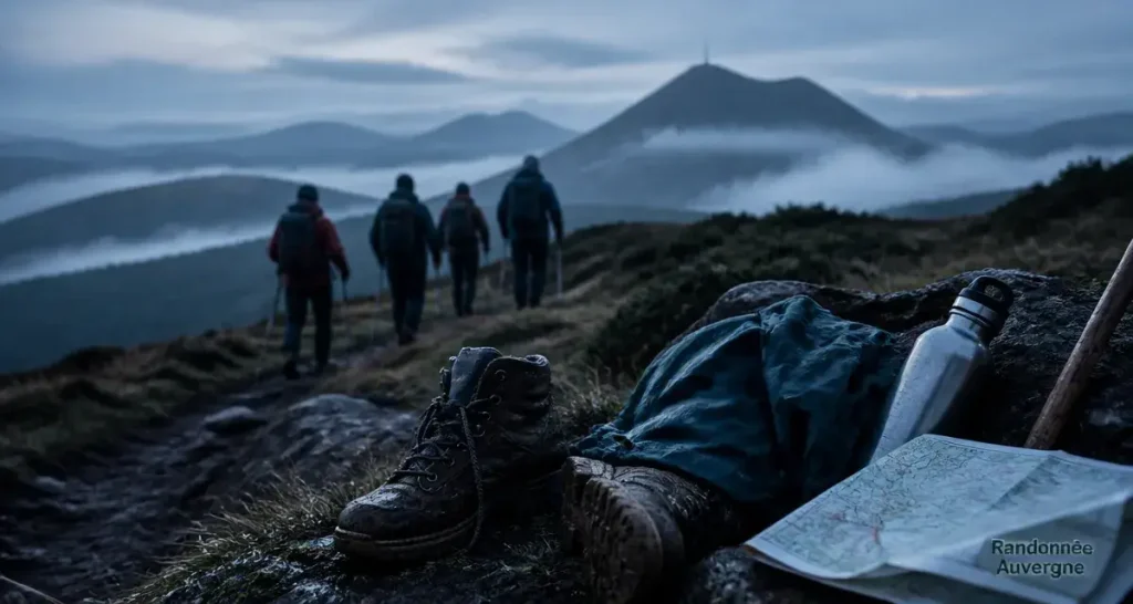 Chaussures boueuses sur sentier en Auvergne pour la randonnée pédestre