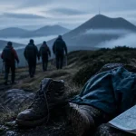 Chaussures boueuses sur sentier en Auvergne pour la randonnée pédestre