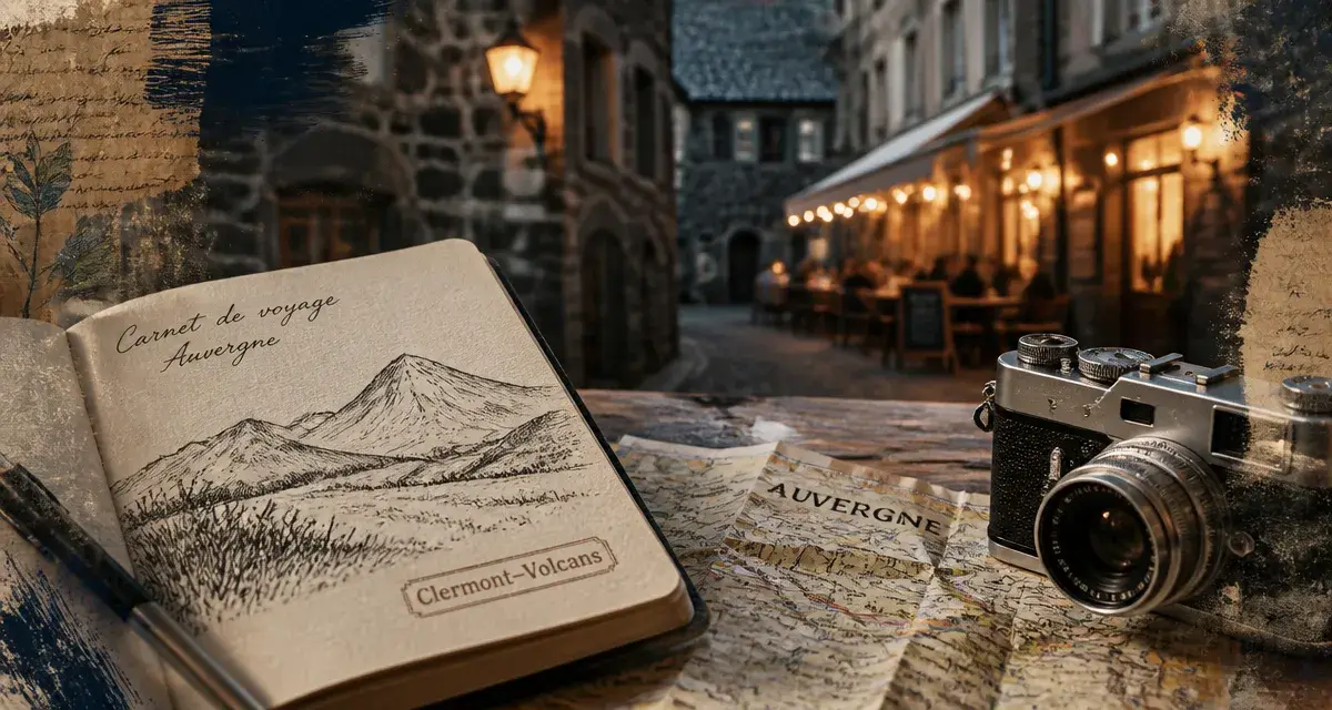 Auvergne ville a visiter : ruelle médiévale et carte Clermont–Volcans