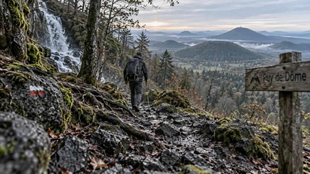 Balade en Auvergne Puy de Dôme : sentier volcanique, pierres noires et puy au loin
