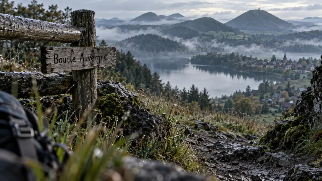 Boucle randonnée Auvergne : sentier, lac d’altitude brumeux, puys et volcan