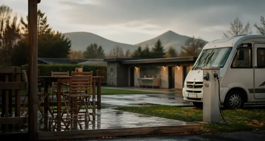 Camping auvergne puy de dome 4 etoiles : terrasse et camping-car
