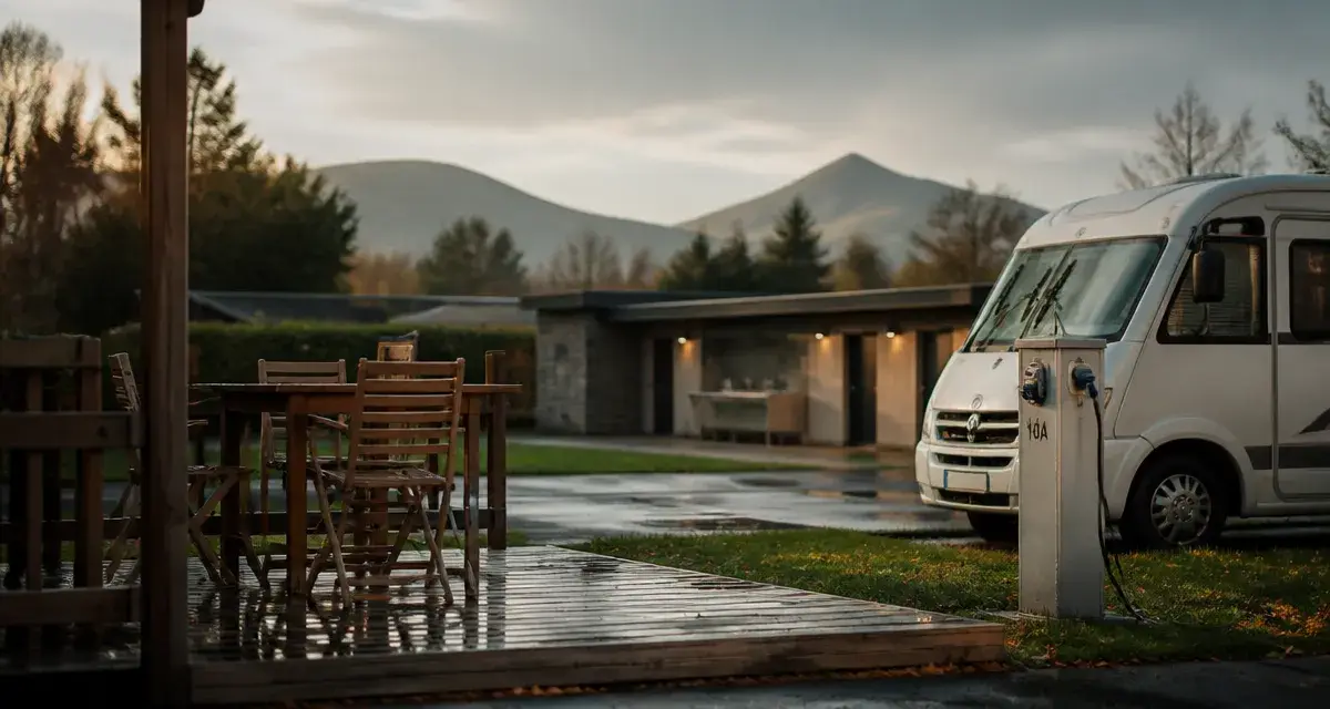 Camping auvergne puy de dome 4 etoiles : terrasse et camping-car